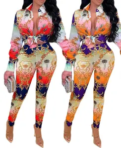 Scarf Print Tie Front Shirt Pants Set