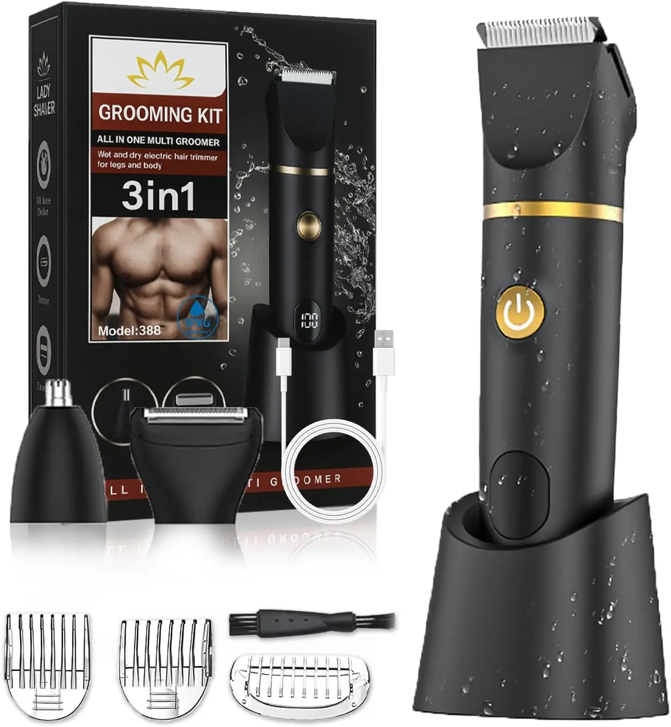 3 in 1 Painless Electric Razors for men,Waterproof Pubic Hair Trimmer and Facial Hair Remover,LCD Display Body Shaver for Trip,Rechargeable men's Grooming Kit #fathersdaygift