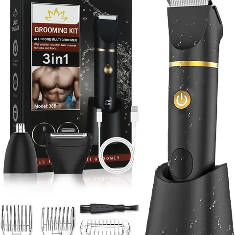 Men's 3-in-1 Painless Ceramic Electric Razor - Waterproof Personal Care Appliance with Pubic/Balls Trimmer, Facial Hair Remover, LCD Display, Lightweight Brush, USB Rechargeable, Smooth Shave, Fitness Grooming Kit, Christmas/Birthday Gifts for Him