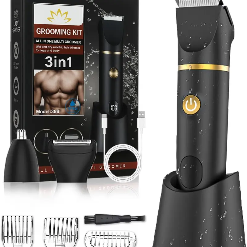 Men's 3-in-1 Painless Ceramic Electric Razor - Waterproof Personal Care Appliance with Pubic/Balls Trimmer, Facial Hair Remover, LCD Display, Lightweight Brush, USB Rechargeable, Smooth Shave, Fitness Grooming Kit, Christmas/Birthday Gifts for Him
