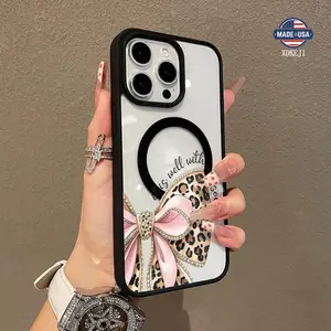 Cute Bow Pattern Premium Magnetic Phone Cases for iPhone 16 15 14 Pro Max 13 12 11 Plus Smartphone Shockproof Protection Acrylic Cover Cellphone Protective magsafe magnetic case Aesthetic Resistance Casing Protector