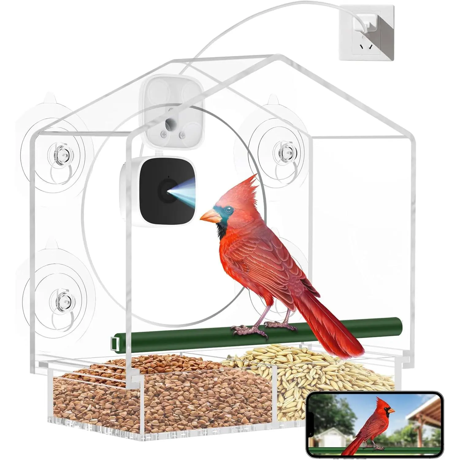 Window Bird Feeder with Camera, Smart Clear Birdfeeder for Outside, 2K HD Live View & AI Bird 10000+, Window Bird House Feeder with 6 Suction Cups