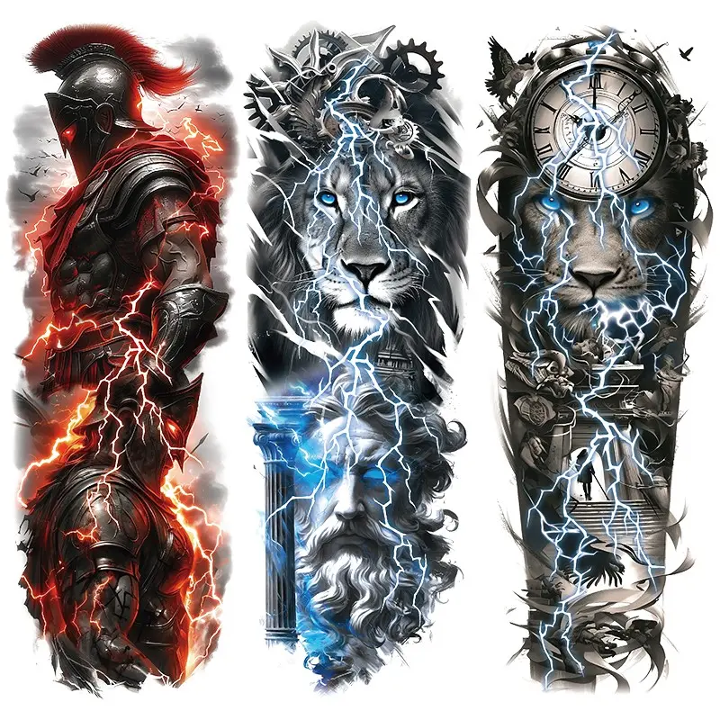 3 Pack Temporary Tattoo Sleeves for Men and Women, Waterproof Full Arm Fake Tattoos, Lion Jesus Warrior Clock Lightning Designs, Realistic Sleeve Tattoos