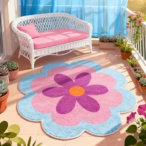 Modern Irregular Creative Colorful Floral Print Carpet, Casual Minimalist Plush Floral Shaped Rug for Living Room Bedroom, Foldable and Easy to Clean Area Mat