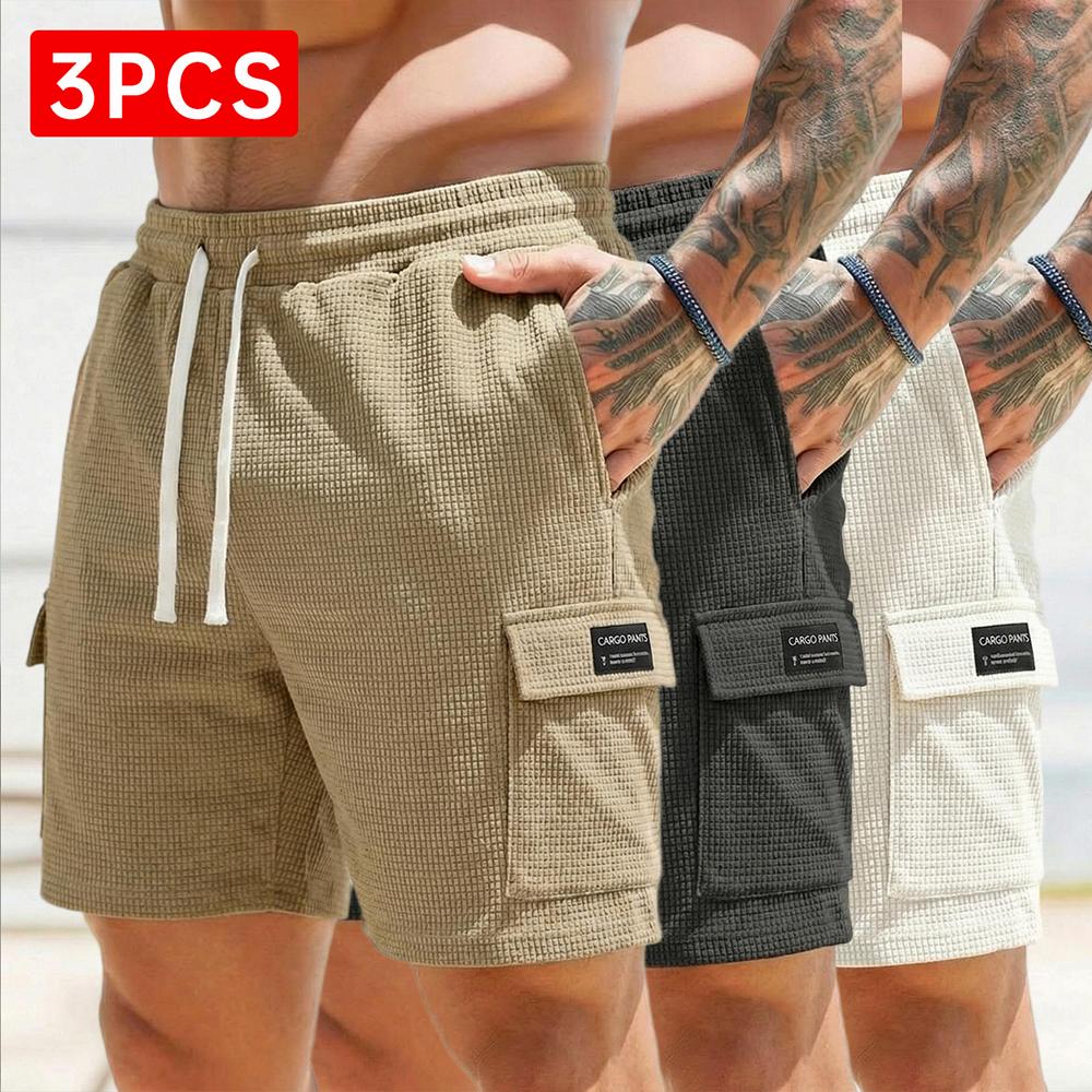 3-pack men’s waffle cargo shorts with a drawstring elastic waistband—breathable and comfortable, slimming and versatile, featuring textured fabric and multiple pockets—ideal for everyday summer outings.