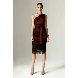 Fatima Lace Ruched Midi Dress - Red | Women's One Shoulder Floral Lace Dress with Cinched Waist - Elegant Bodycon Fit Outfit - Perfect for Dinner Dates, Cocktail Parties & Formal Wear - Womenswear Fashion