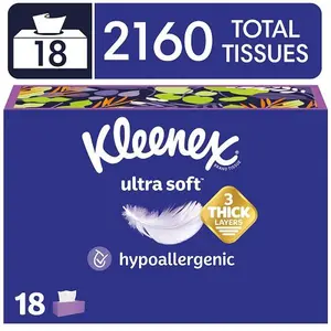 Kleenex Ultra Soft Facial Tissues, 18 Flat Boxes, 120 Tissues per Box, 3-Ply