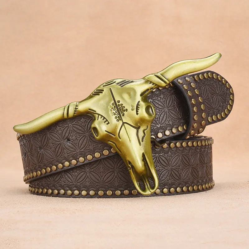 Cow Head Belt Men's Embossed Belt Western Denim Personalized Rivet Belt Men's