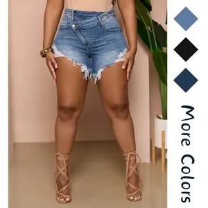 Women’s Sexy Irregular Mini Denim Shorts with Pockets, Shredded Raw Hem, Ripped — Summer Denim Shorts