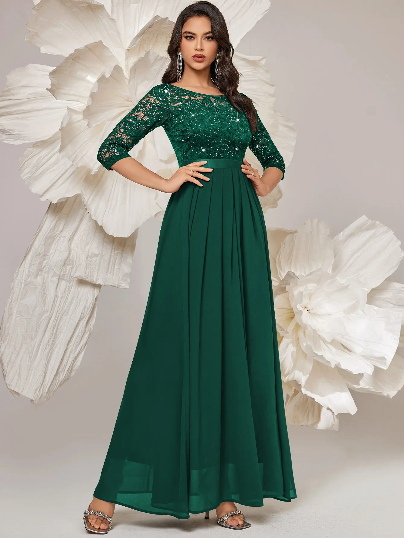 Miusol Women's Sparkly Formal Party Maxi Dress - 3/4 Sleeve, Elegant Sequin Floral Lace, Pleated Hem, Miusol Women's Sparkly Formal Party Maxi Dress - 3/4 Sleeve, Elegant Sequin Floral Lace, Pleated Hem,