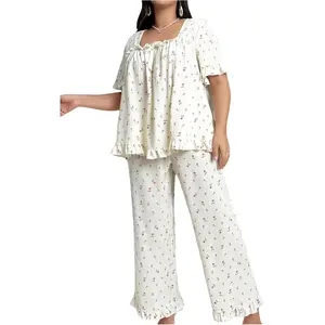 Women's Plus Size Pajama Set Floral Short Sleeve Sleepwear Ruffle Pants 2 Piece Pjs Lounge Set