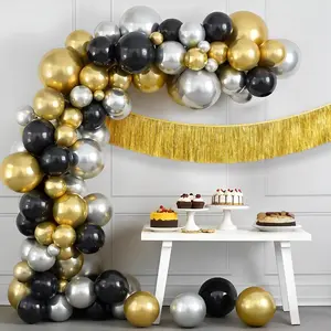 Silver Black and Gold Balloon Arch Kit - 85 Pcs| Black and Gold Graduation Party Decorations 2025| Grad Balloon Arch Kit, Graduation Decorations 2025| Fringe Backdrop for Party Shiny
