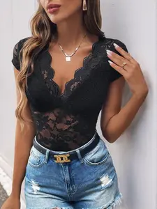 Women's Solid Color Short Bodysuit, Casual Sexy Comfy Breathable Bodysuit for Daily Wear, Ladies Clothes for All Seasons, Womenswear