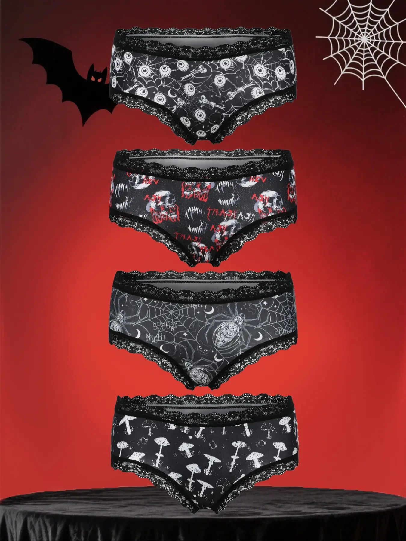 Morvia 4pcs Sexy Cute Gothic Halloween Contrast Lace Hipster Panties, Allover Print Comfy Intimates Briefs Panties, Women's Underwear & Lingerie, Trim Lace Panty, Cheeky Hipster Panties, Fitted Panties