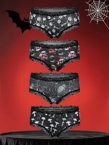 Morvia 4pcs Sexy Cute Gothic Halloween Contrast Lace Hipster Panties, Allover Print Comfy Intimates Briefs Panties, Women's Underwear & Lingerie, Trim Lace Panty