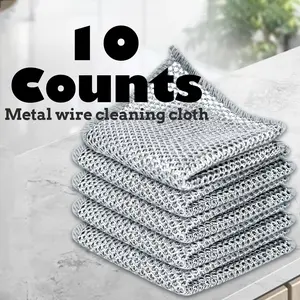 10 Counts Non Scratch Wire Dishcloth Multipurpose Wire Dishwashing Rag Metal Scrubbers for Wet and Dry Cleaning, 2-Layer Kitchen Cleaning Cloth Cleaning Tool
