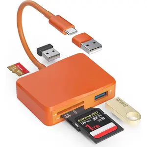 SD Card Reader, 5 in 1 USB-C & USB Card Adapter with SD/MicroSD/MS and Dual USB-A Ports Memory Card Reader for  17/16/15 Pro Max iPad MacBook Pro/Air M4/M3 Android Phone/Tablet PC (Orange)
