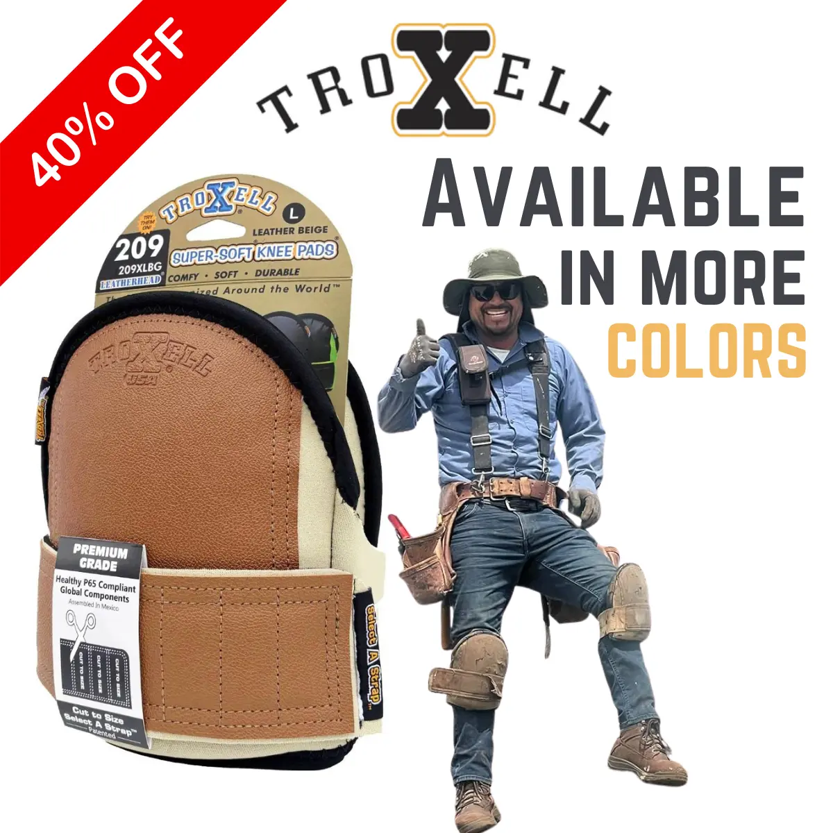 TROXELL USA Super-Soft Large Leatherhead Gray Knee Pads Comfortable Adjustable Washable Kneepads Small Size Bagged in Pairs