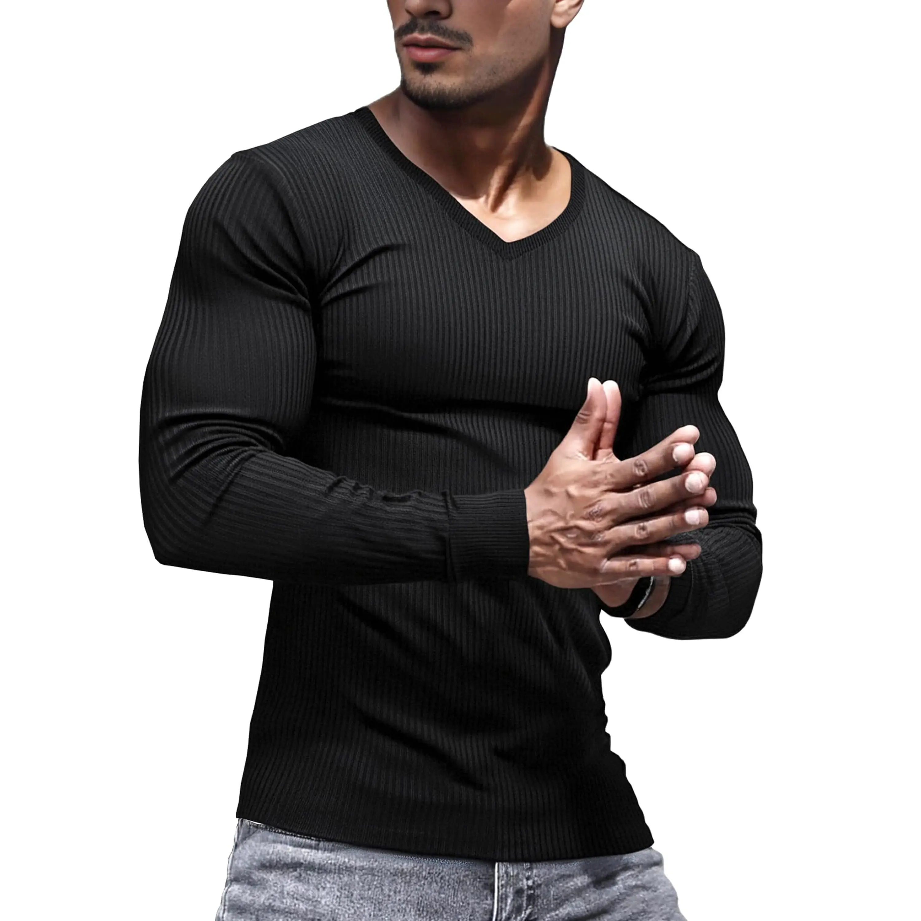 Lehmanlin Men's Slim Fit V-Neck Long Sleeve Muscle T-Shirt - Stretch Ribbing, Thermal Base Layer, Solid Menswear Clothes for Workout, Casual Pullover Undershirt, Plain, Formal Work, Tour, Semi-Formal, Arm-Hugging Men's Long-Sleeve T-Shirts, Base Layer Men