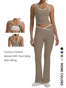 Women's High Waist Yoga Fitness Set, Patchwork Sports Top & Cross Waist Leggings, U Neck Vest, Sporty 2 Piece for Running Training, High Waisted Yoga