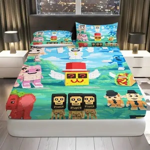 3Pcs  Block Character Fitted Sheet Three Piece Set (1*Fitted Sheet+2*Pillowcases, Coreless), Fun Playroom theme, Game Character Bedding Set, Mattress Protector Soft, Breathable