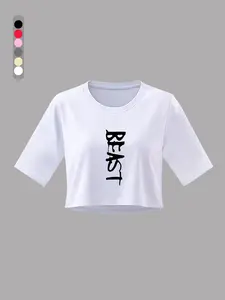 Summer New Round Neck Sports T-Shirt, Short Design Exposing Belly, Beast Letter Print, Suitable for All Seasons, Yoga, Fitness, Youth & Women