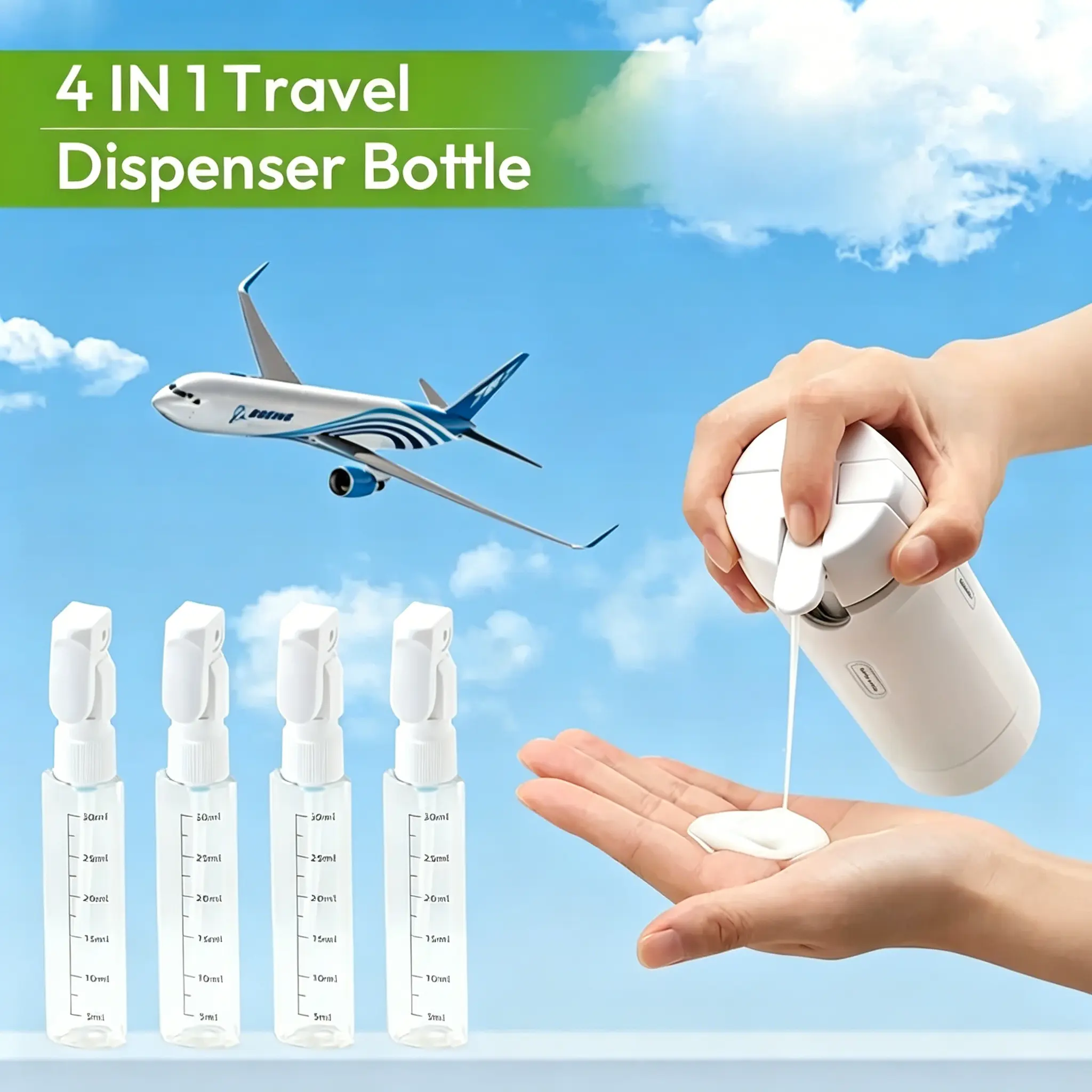 4-In-1 Cylindrical Plastic Travel Dispensing Bottle Set, Compact Daily Home Organizer with 4-in-1 Design, Leakproof Seal Stops Liquid Leakage, Premium Safe Material Compartmentalized Cosmetic Toiletry Container (Single Set)