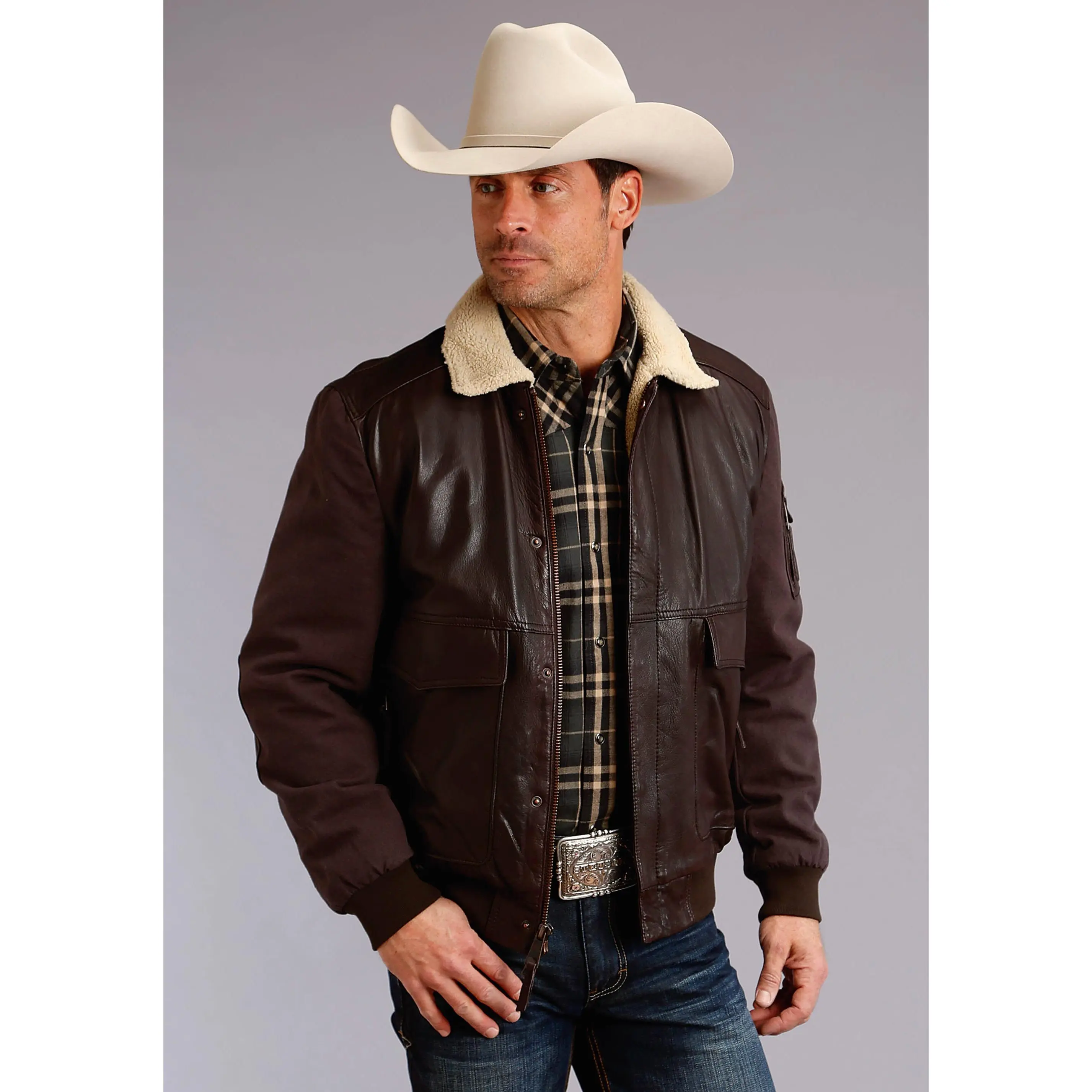 Men's Stetson Dark Brown Bomber Style Leather & Canvas Long Sleeve Jacket