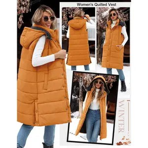 Long Puffer Vest Women With Hood Sleeveless Down Vest Warm Jacket Winter Coat With Pockets