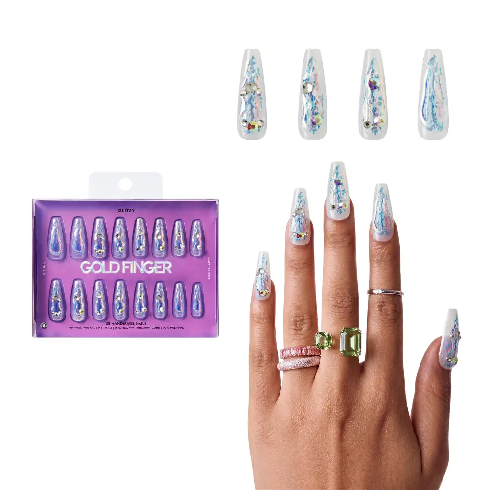 Gold Finger Glitzy 3D Press-On Nails in Dear – X-Long Coffin Fake Nails, Iridescent Pearl with 3D Chrome Swirls & Rhinestones, Luxury Glue On Nails, 28 Pc Kit