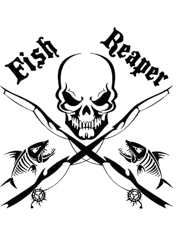 Fish Reaper Skull Fishing Rod Vinyl Decal Sticker - Self-Adhesive, Cut-Out Shape, 1 Size, Outdoor Proof, Weather Resistant Automotive & Motorcycle Accessory for Car, Boat, Truck Window