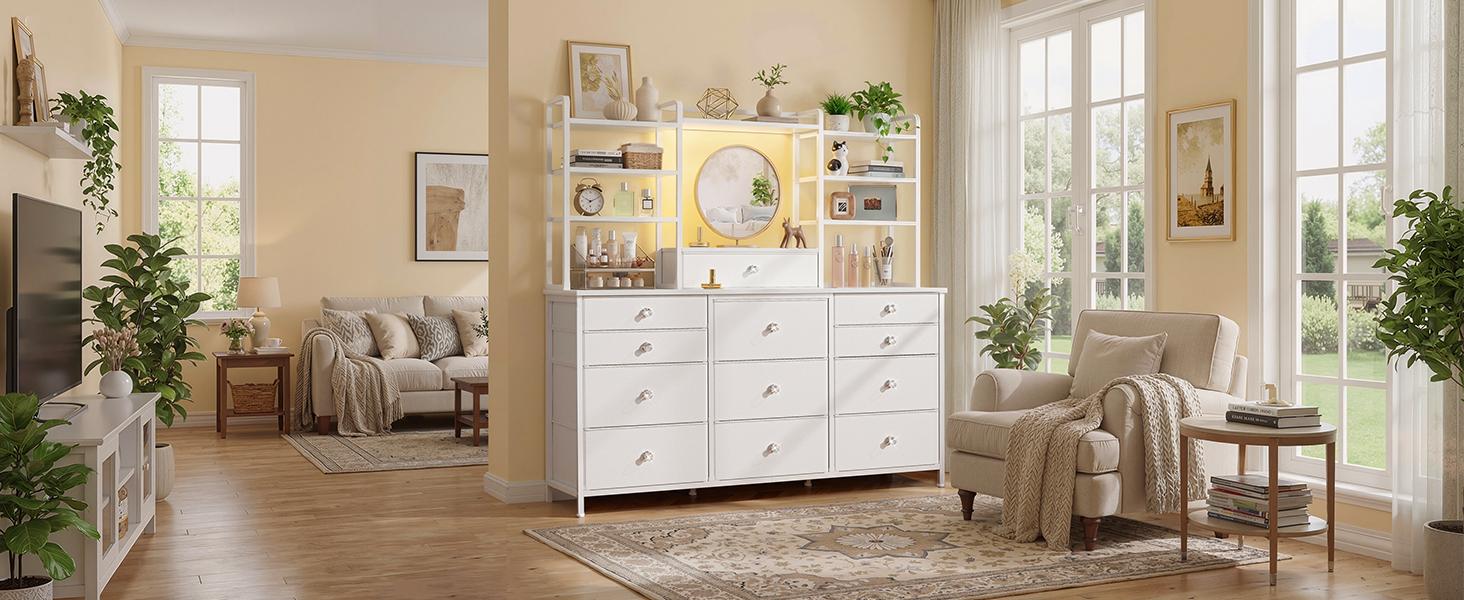 Raybee Dresser for Bedroom with 12 Drawers & LED Lights, Stylish Fabric Dresser Chest of Drawers with Open Shelves& Crystal Handles, Vanity Storage Organizer Unit, Multi-Functional Furniture, Metal Frame & Wooden Shelf for Entryway, Closet, Living Room