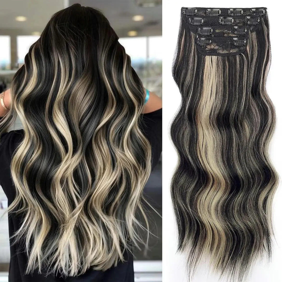16-20-24 Inch Natural Curly Wave Invisible Clip-in Hair Extensions, 4-Piece Set Glueless Synthetic Hair Pieces, Easy Wear Lace Closure, Heat Resistant Up to 180°C, Tangle-Free Silky Fluffy Highlight Curly Hair Extensions for Women