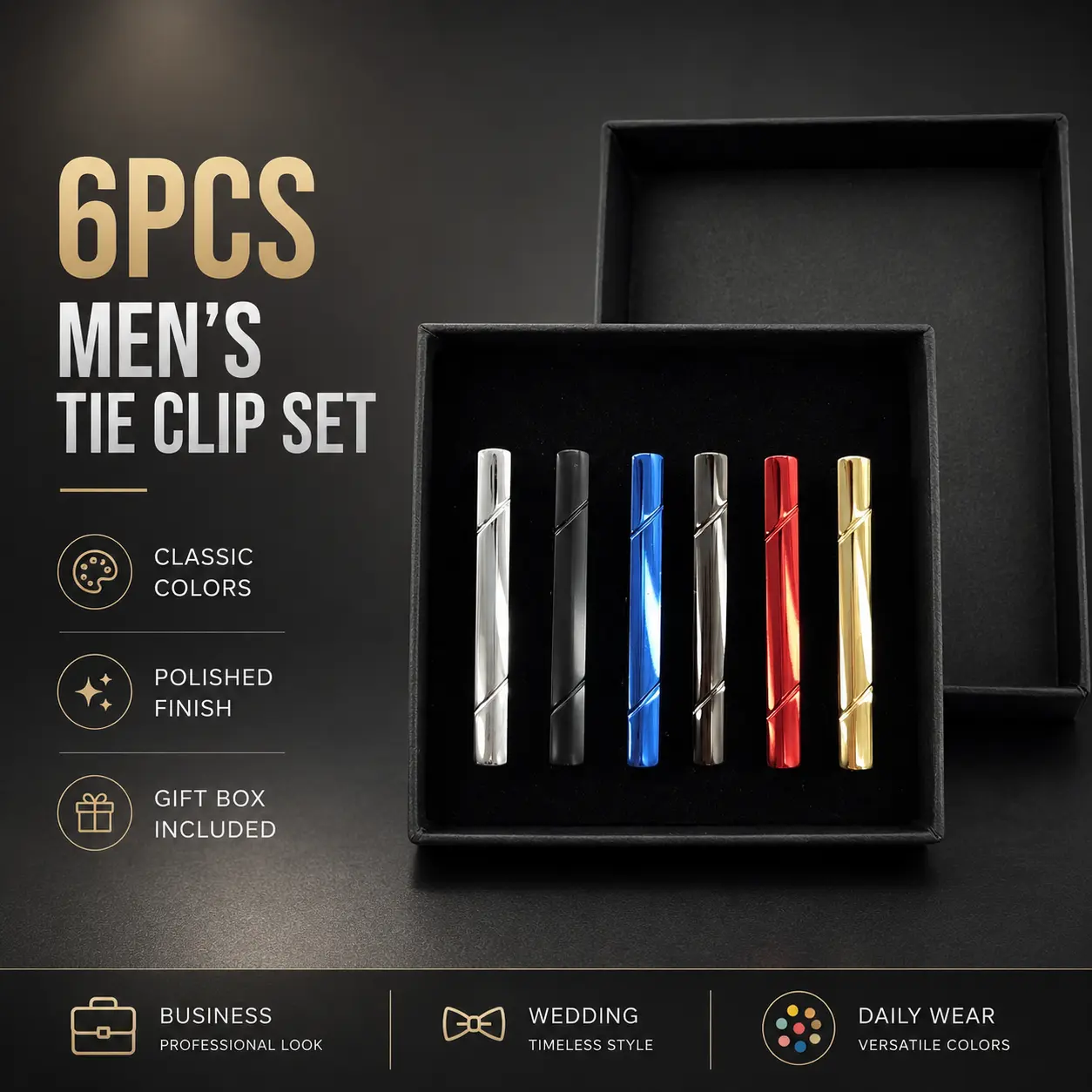 Premium Men's Tie Clip Set - 6 Pcs Tie Bars & Pins, Fashion Accessories with Gift Box for Wedding & Business Use Dandy Styling