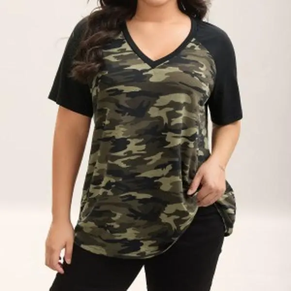 BLOOMCHIC Plus Size Camo Print Women's V-Neck Raglan Short Sleeve Casual Top (M-6X) - Stretchy Breathable Fabric, Casual Breathable Design, Contrast Patch, Flattering Fit, Clothes for Women, Plus Size Clothes, Back to School Haul, SohoChic