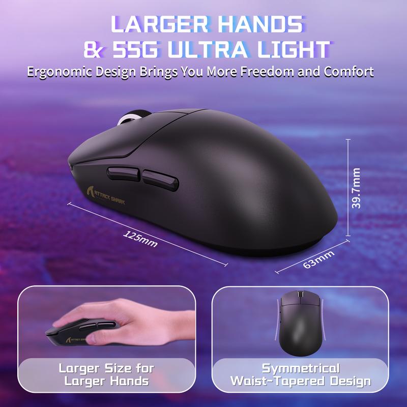 ATTACK SHARK X8SE Wireless Gaming Mouse,Adjustable 25K DPI PAW3311 Optical Sensor,Ergonomic 59g Lightweight,Triple Modes 2.4G/BT/USB-C,500mAH Battery,5 Programmable Buttons for PC/Mac