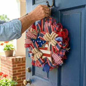 13.77inch Summer Patriotic Front Door Wreath 4th July Independence Day Wreath Patriotic Flag Burlap Memorial Day Americana Wreath Wall Ornaments