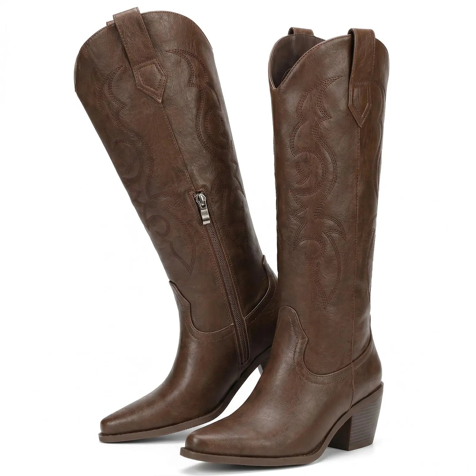 Cowboy Boots for Women - Wide Calf Rhinestone Cowgirl Boots, Women Knee High Western Boots, Glitter Sparkly Ladies Tall Boots with Classic Embroidery and Side Zipper, Retro Classic Country Boots Pull On for Ladies