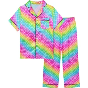 SQ-NG002 Girls Pajamas Silk PJS Set Rainbow Unicorn Sleepwear Short Sleeve Long Pants Jammies for Toddler Kids