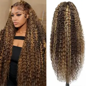 GK 13x6 4/27 Highlight Deep Wave Lace Front Wigs Human Hair 180 Density Ombre Colored HD Transparent Deep Curly Lace Frontal Wigs Pre Plucked with Baby Hair for Women