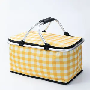 Foldable insulated picnic basket, large-capacity foldable cooler bag, with aluminum foil lining, grid-pattern insulated basket, suitable for picnics, camping, tailgating, and shopping Expandable Ultraviolet Trolley