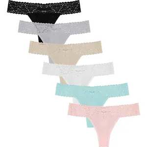 6 Pack Lace Cotton Thongs for Women Sexy Ladies Cheeky Underwear Low Rise Tanga Hipster Panties No Show Lingerie