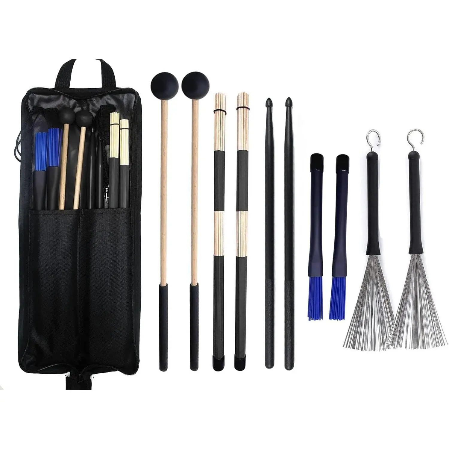 Drumstick Bag with Floor Tom Hooks Includ 5 Pairs Drum Sticks Mallets Brushes Set Percussion Instrument Accessories for  Adults Drummer Practice Black