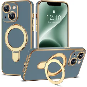 Compatible with iPhone 14 Case with Magnetic Ring Stand [Compatible with Mag-Safe] [Full Camera Lens Protector] Soft Plating Phone Case for iPhone 14 6.1", Grey Blue