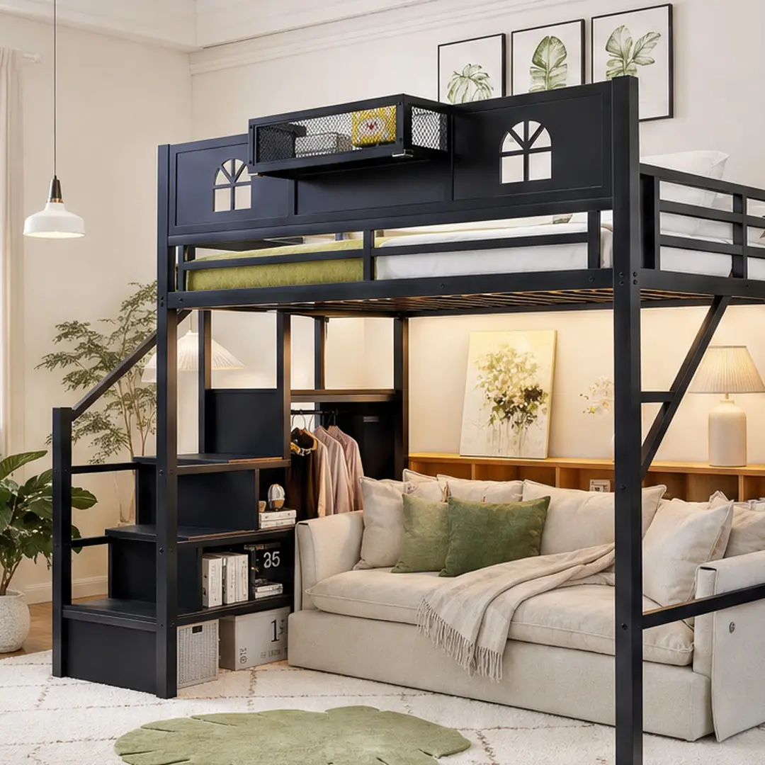 Full Size Metal Loft Bed with Stairs and Wardrobe, High House-Shaped Guardrails, Under-Bed Storage Space, USB Charging Station, LED Light, Black, for Kids Teens Bedroom, Space-Saving Design, Durable Sturdy Construction, Full Size Options