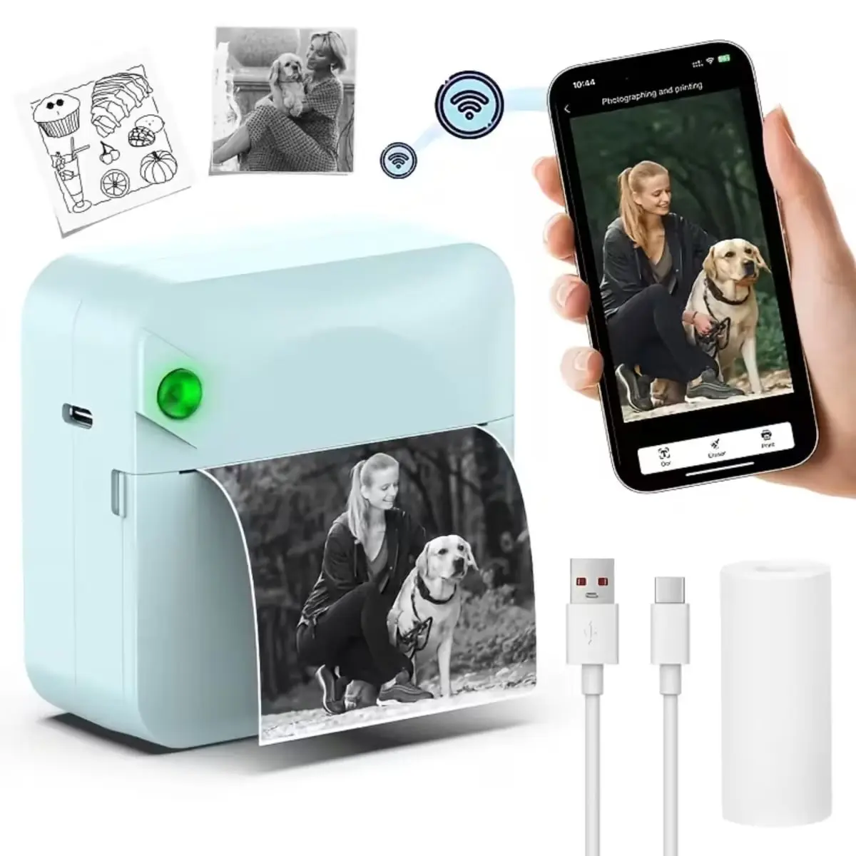 Kenro KNR-E-1060-BLU Mini Pocket Thermal Printer Inkless Bluetooth Sticker Printer with Paper Roll for Photos, Notes, Labels & Journals - Blue