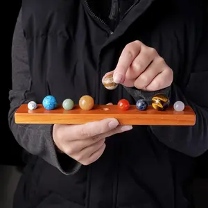 Natural Crystal Round Stones with Wooden Base, 1 Set Nine Planets Of The Solar System Crystal Balls Ornaments, Nice Gift, Natural Stone Decor