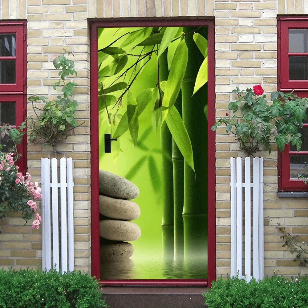 2pcs Zen Bamboo Wall Stickers Chinese Style Natural Home Decor Decals Self Adhesive Removable Vinyl Art for Living Room Bedroom Glass Door Background Wall Green Plant Stone Pattern Eco Friendly Decora