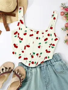 Women's Apricot Cherry Print Corset Cami Top, American Retro Style, Boned Waist Cincher, Irregular Hem Cropped Wearable Top, Fit