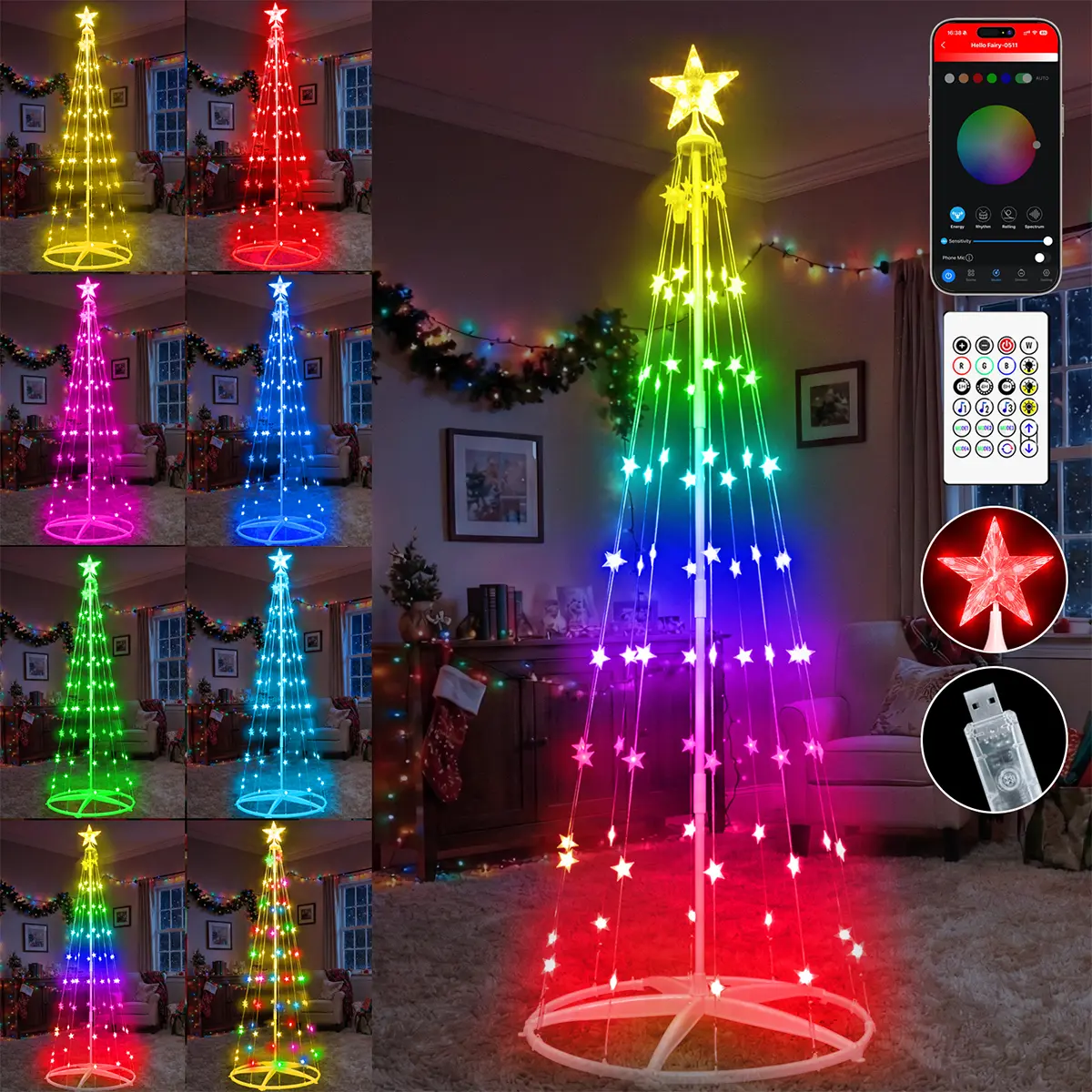 Avatar Controls 7FT Smart Prelit Christmas Cone Tree with Lights - 100 LED USB Control & App Control Color Changing Light Show Trees with Remote Timer Music Sync for Indoor Outdoor Yard